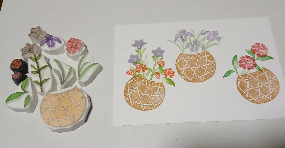 消しゴムはんこ 花籠