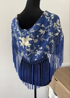 フラメンコ 刺繍シージョ ロイヤルブルーxシャンパン刺繍 バラ柄