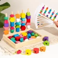 木製 知育玩具 ひも通し 絵合わせパズル 積み木 モンテッソーリ 形合わせ