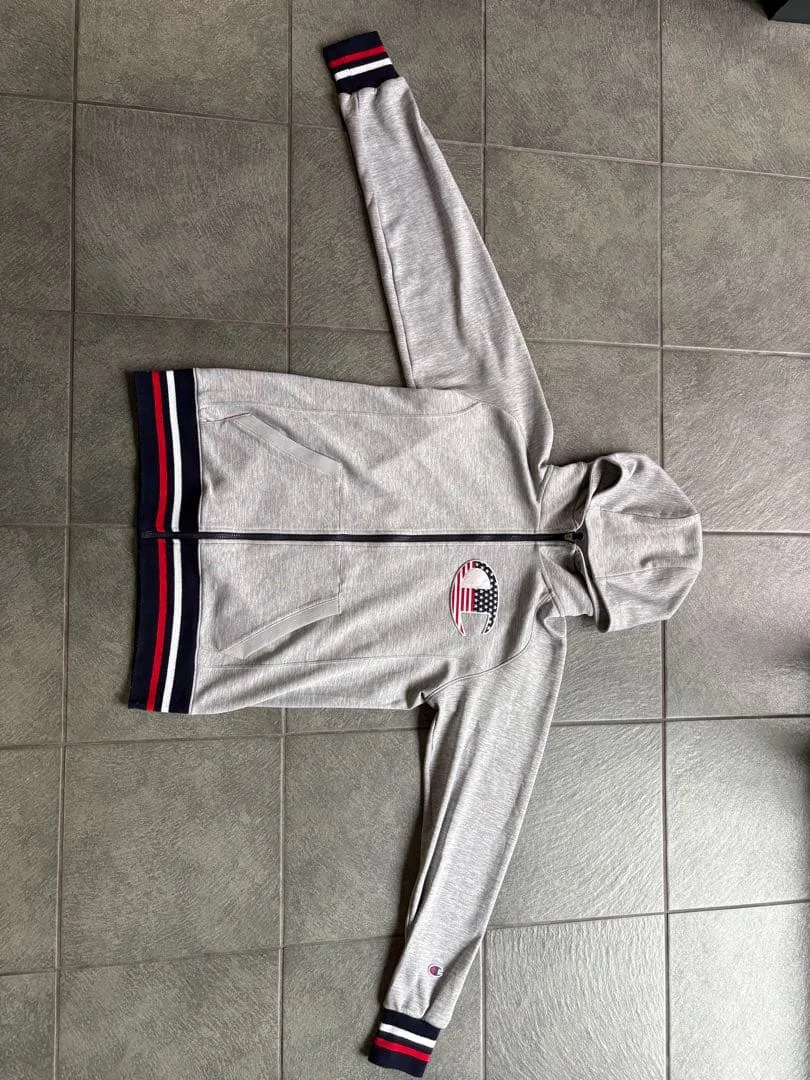 Champion ジップアップパーカー 星条旗ロゴ グレー L