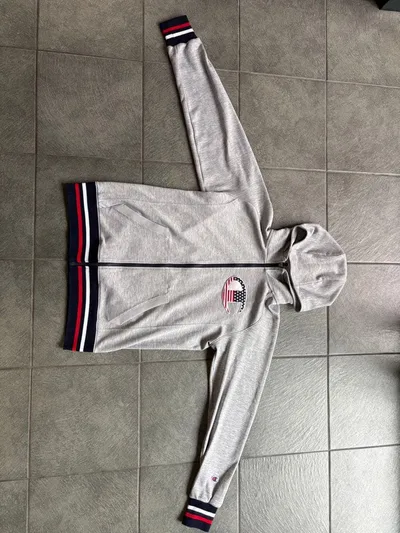 Champion ジップアップパーカー 星条旗ロゴ グレー L