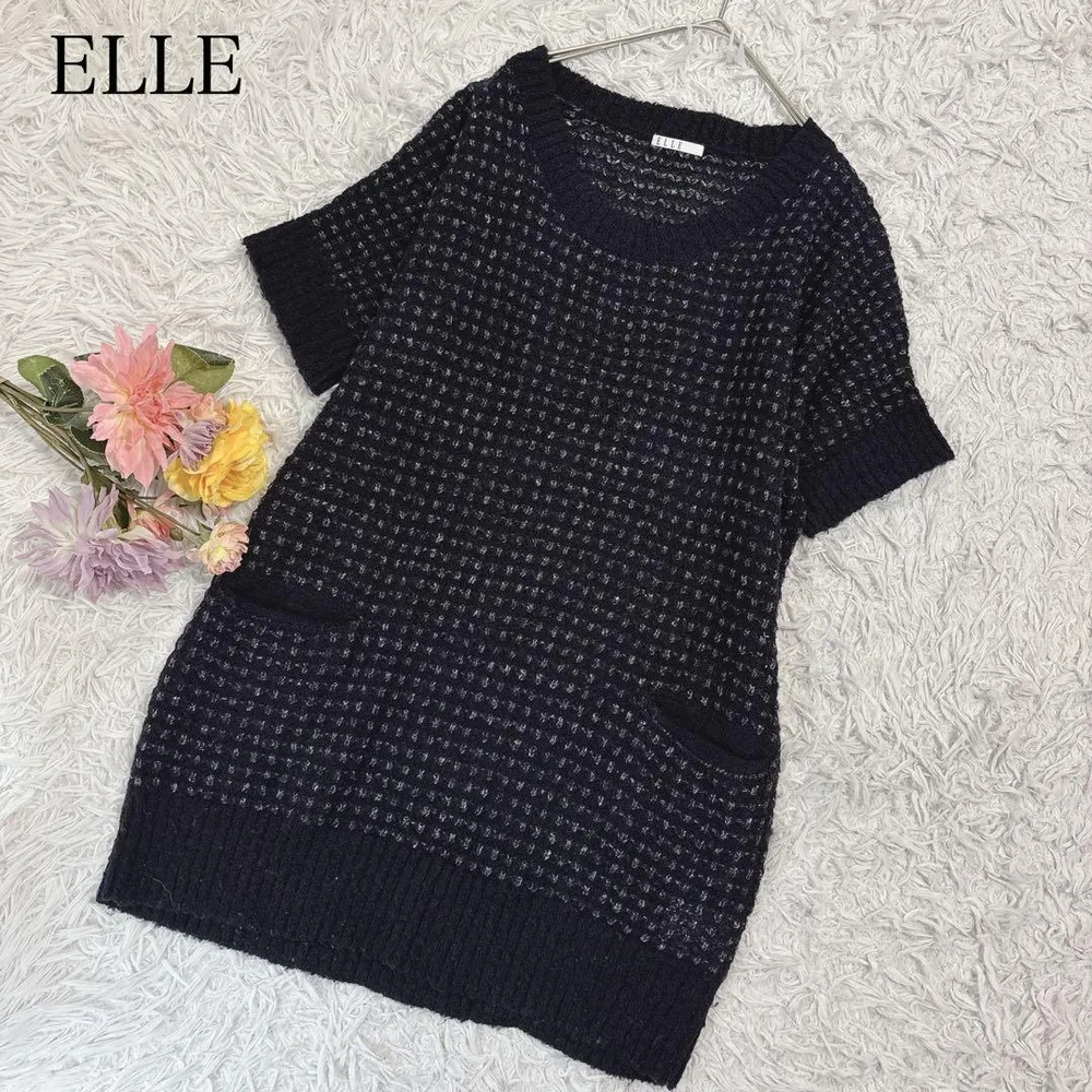 【M】ELLE エル 半袖ニット チュニック 透かし編み カジュアル 上品