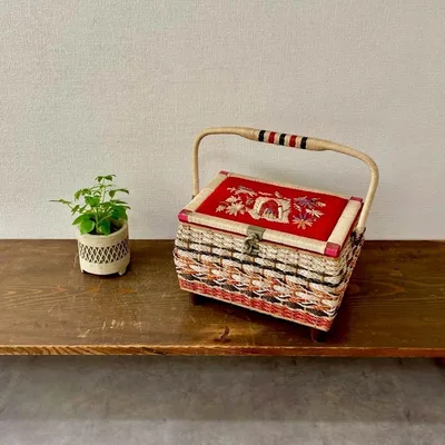 ヴィンテージ 花刺繍 バスケット型 ソーイングボックス 裁縫箱 昭和レトロ