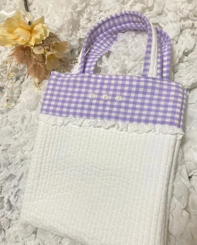 マーガレット刺繍のヌビミニトートバッグ/ぺたんこバッグ/ハンドメイド