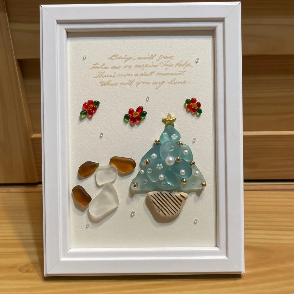 【130】ハンドメイド ♡シーグラスアート♡ クリスマスツリー 犬 ポインセチア