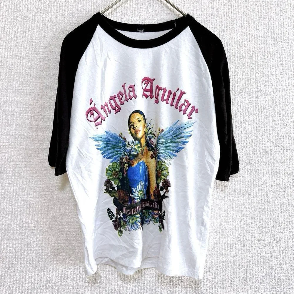アンジェラアギラール プリント Tシャツ クルーネック 七分袖 XS 白黒 綿