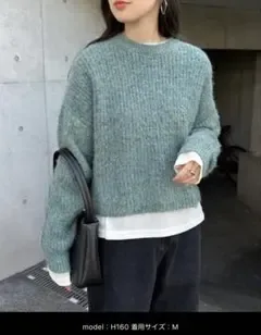 アンドミー 秋冬 ショート丈ミックスカラー 長袖 ニットトップス ブルー M