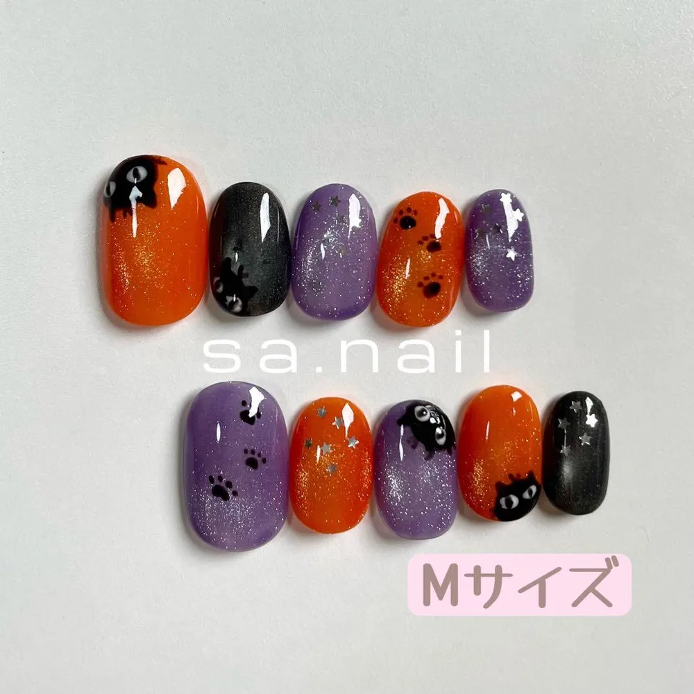 【現品】ハロウィン マグネット ネイルチップ 黒猫 パープル Mサイズ 124