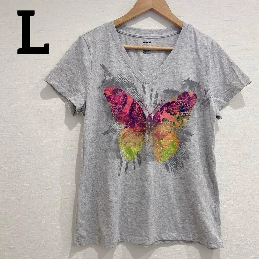 美品✨バタフライプリント Vネック半袖Tシャツ グレー L 蝶 アート トップス