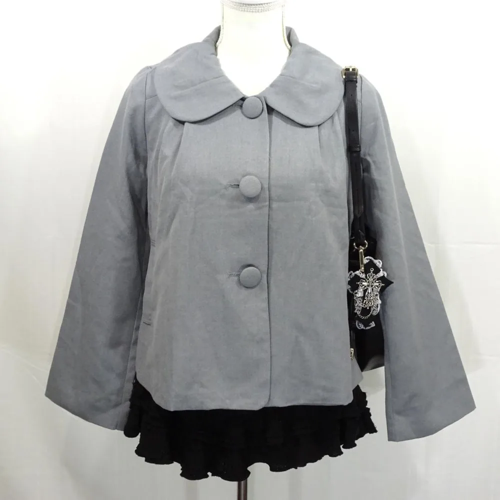 タグ付き クラシカル レトロ 丸襟 くるみボタン ショート ジャケット グレー