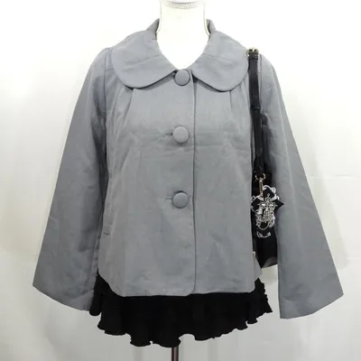 タグ付き クラシカル レトロ 丸襟 くるみボタン ショート ジャケット グレー