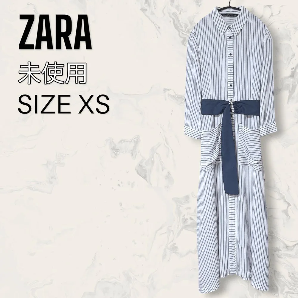 【未使用】 ZARA ベルト付き ストライプ ロング ブラウス ワンピース