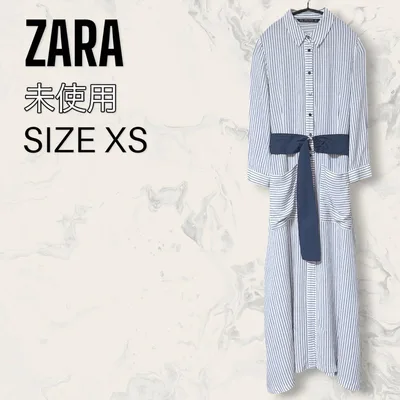【未使用】 ZARA ベルト付き ストライプ ロング ブラウス ワンピース