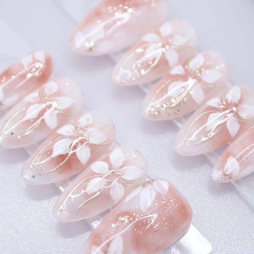 1033 ネイルチップSサイズ 韓国 上品 フラワー ニュアンス ラメ ピンク