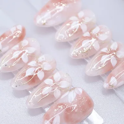 1033 ネイルチップSサイズ 韓国 上品 フラワー ニュアンス ラメ ピンク