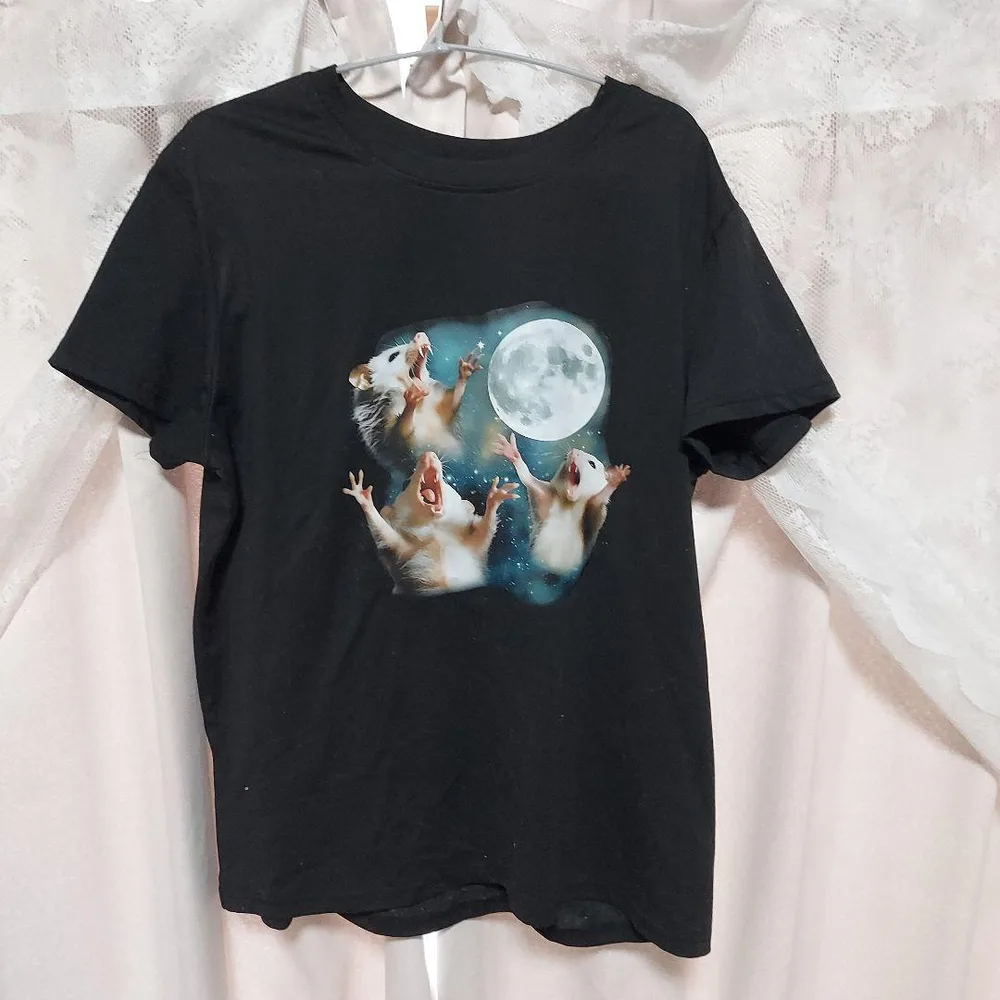 ハムスター 月 プリント Tシャツ ブラック【即購入OK】