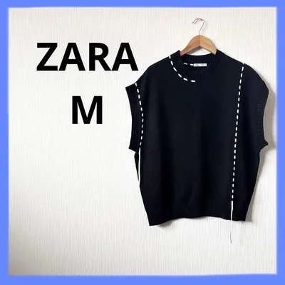 ザラ ZARA ニットベスト ブラック ホワイトステッチ Mサイズ