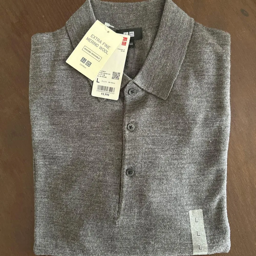 新品 タグ付き UNIQLO 長袖ニットポロシャツ メンズ L グレー