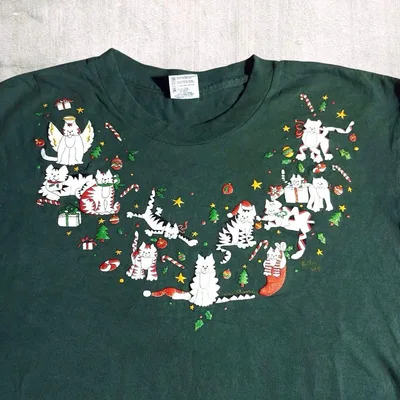 90s USA製 anvil 猫 クリスマス Tシャツ L グリーン緑