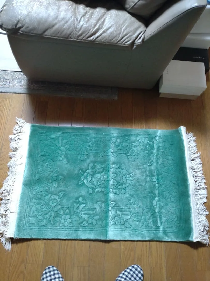 緞通 緑色 花柄エンボス加工 室内用玄関マット