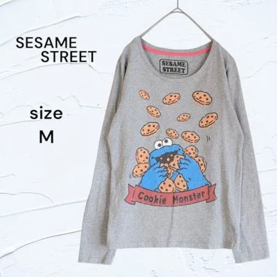 セサミストリート クッキーモンスター 長袖 Tシャツ M ロンT グレー
