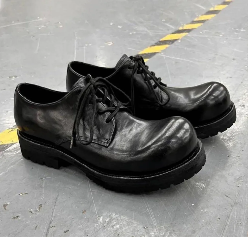 Black Round Toe Leather Derby Shoes