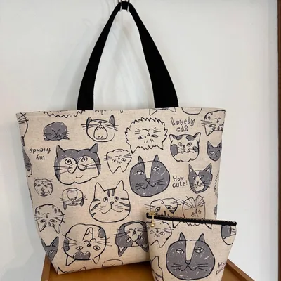 ファスナー付きトートバッグ◆ポーチ付き◆猫柄◆ハンドメイド