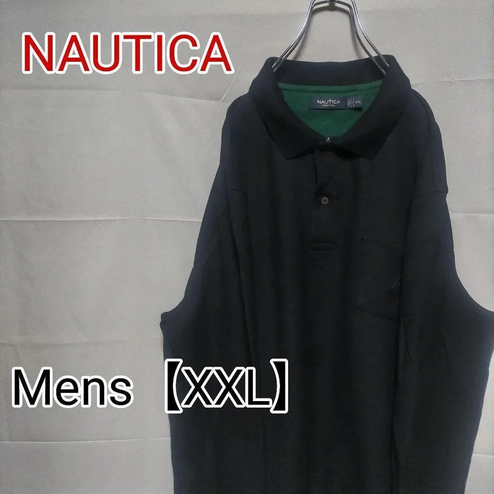 J49【US輸入】NAUTICA(ノーティカ) 長袖ポロシャツ【XXL】ブラック