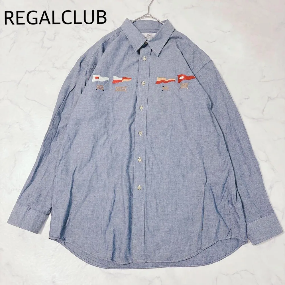リーガルクラブ 長袖 シャツ シャンブレー LL-XL 刺しゅう ブルー