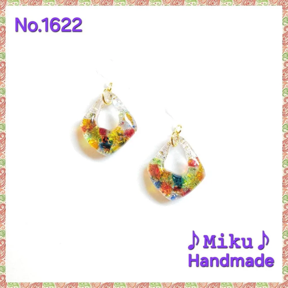 No.622-A 琉球ガラス カラフルMIX レジン ピアス イヤリング