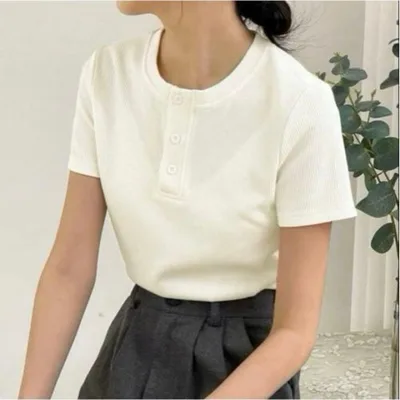 SHEIN DAZY ボタンリブ編み 半袖 Tシャツ ホワイト XL