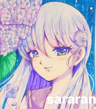 手描きオリジナルイラスト オリジナル 紫陽花 女の子 原画