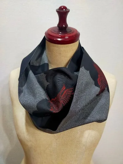 大島紬 スヌード 鶴 ブラック系 ハンドメイド