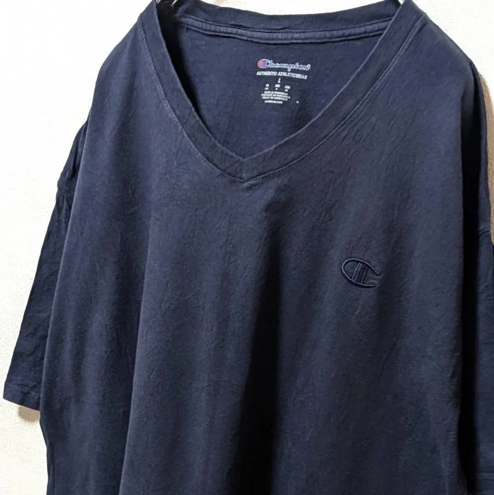 チャンピオン Vネック ロゴ刺繍 プレーン Tシャツ L ネイビー 紺色 古着