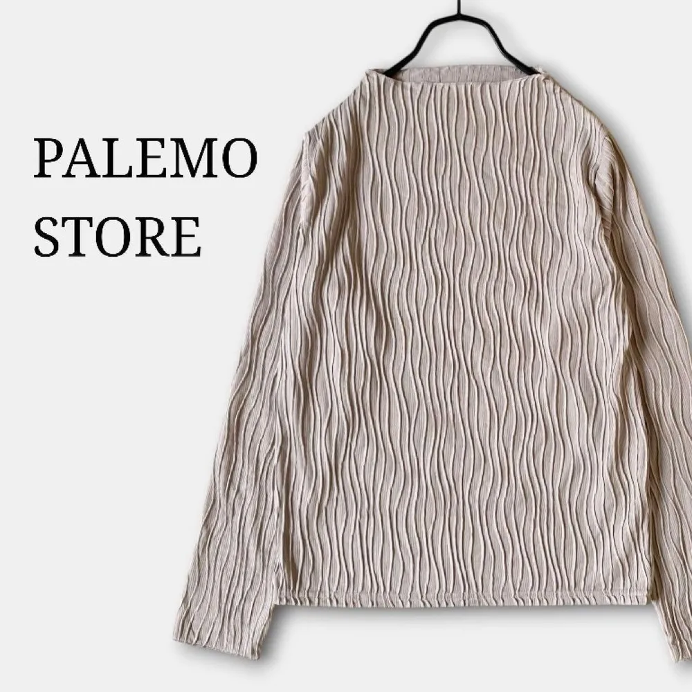 美品✨(L)ウェーブプリーツカットソー長袖 ボートネック ベージュ 大きめ 春秋