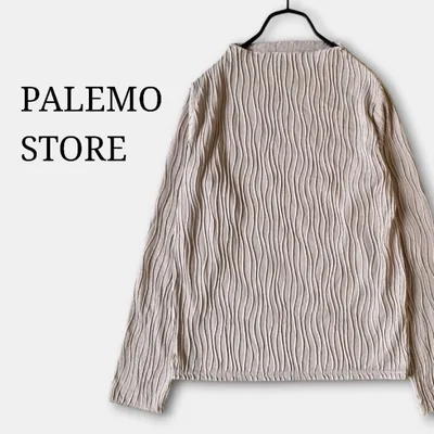 美品✨(L)ウェーブプリーツカットソー長袖 ボートネック ベージュ 大きめ 春秋