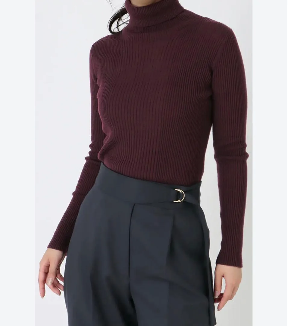 AOYAMA Ladies' リブタートルネックプルオーバー ボルドー