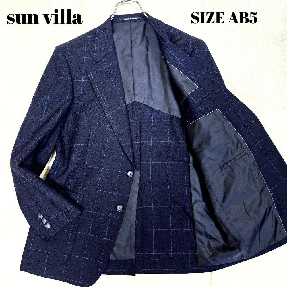 美品 sun villa テーラードジャケット ウィンドウペン ネイビー AB5