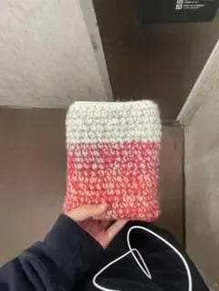 ハンドメイド ニットブックカバー ピンク×ホワイト