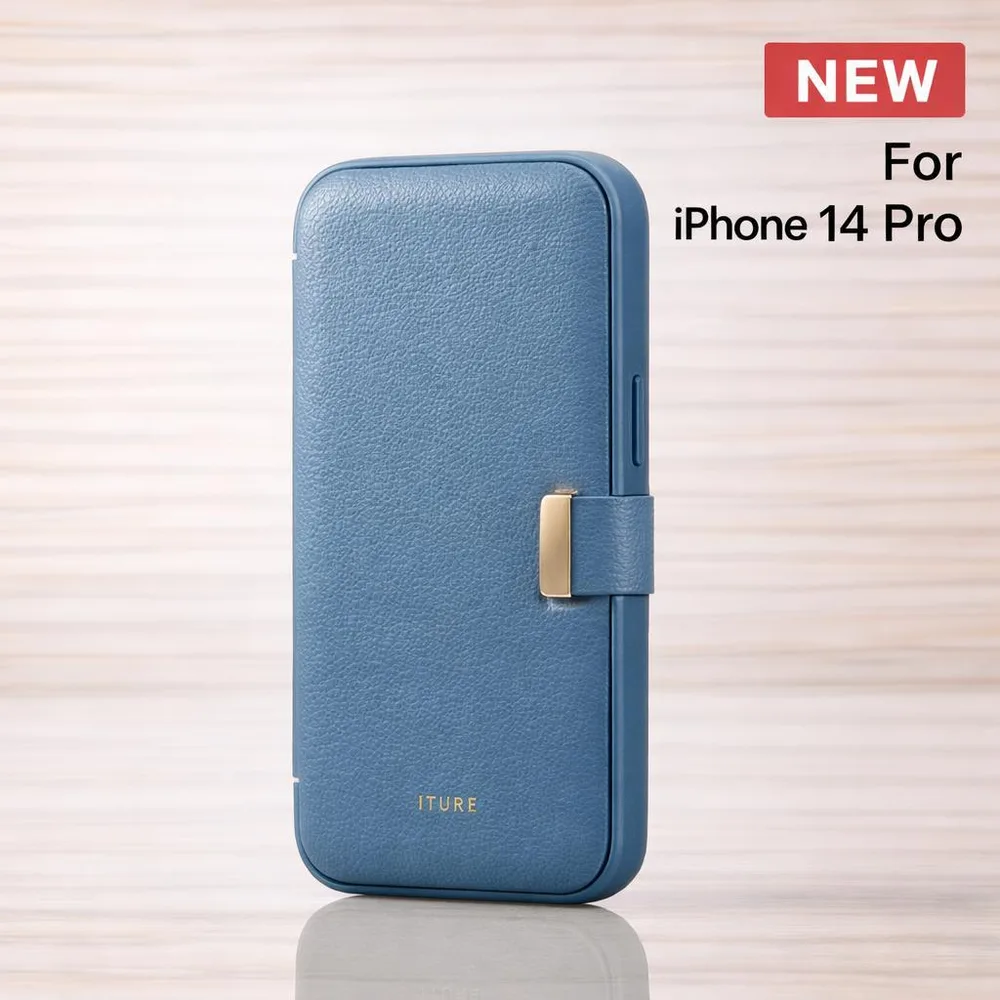 新品未開封 iPhone 14 Pro レザー 手帳型 ケース ネイビー I7