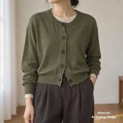 近年 MARGARET HOWELL リネン100 カーディガン カーキ Ⅱ