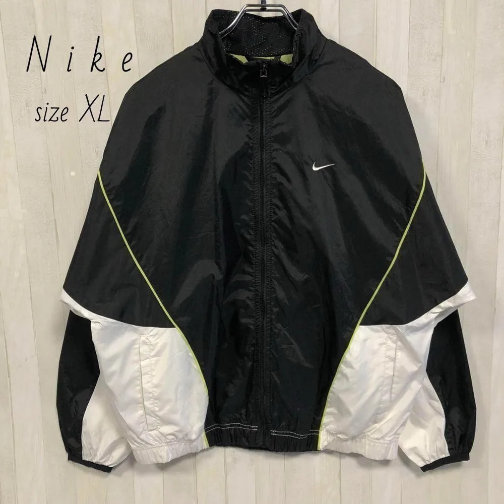 ナイキ☆NIKE スウッシュ刺繍ロゴ ナイロンジャケット 黒 XL ワンポイント