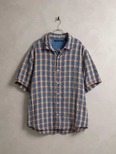 珍品 90s PERRY ELLIS リネン シャドーチェックシャツ オンブレ