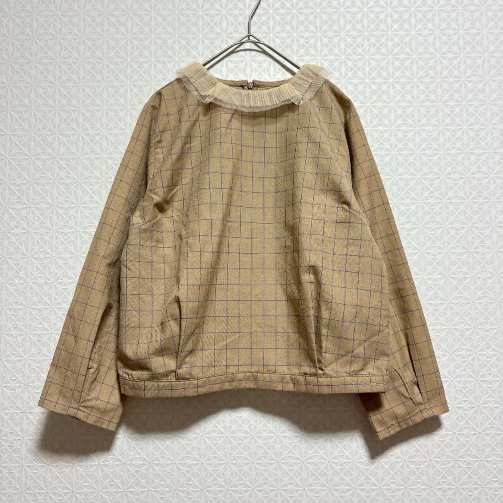 【フラワー】ブラウス フリル首 長袖 チェック M 茶 ポリエステル デート