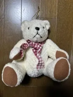 テディベア ぬいぐるみ ホワイト チェック柄リボン付き