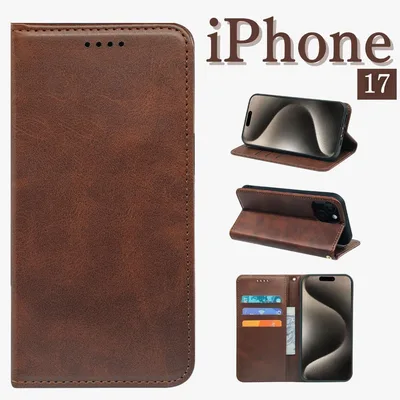 iPhone17ケース 手帳型 スマホケース スタンド機能 カード収納 ブラウン