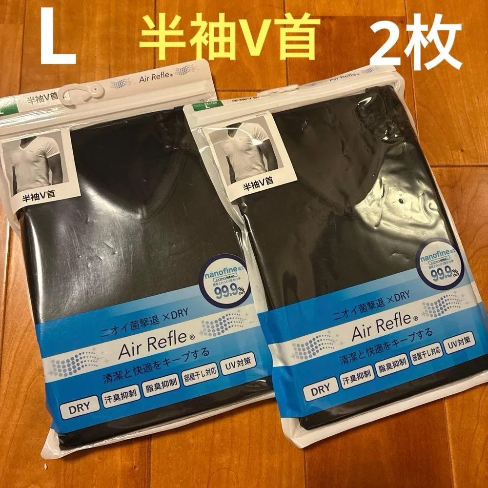 【2枚】Air Refle メンズ 半袖V首インナー Lサイズ ブラック