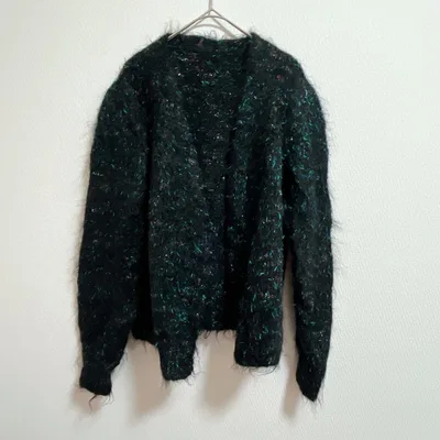 美品✨カーディガン ラメ入り シャギーニット 黒 Vネック モヘアライク