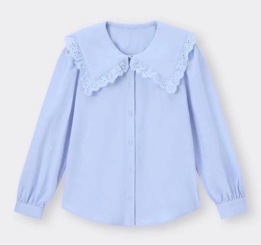 美品 GU レーストリムビッグカラーシャツ 水色 長袖 XS 345744