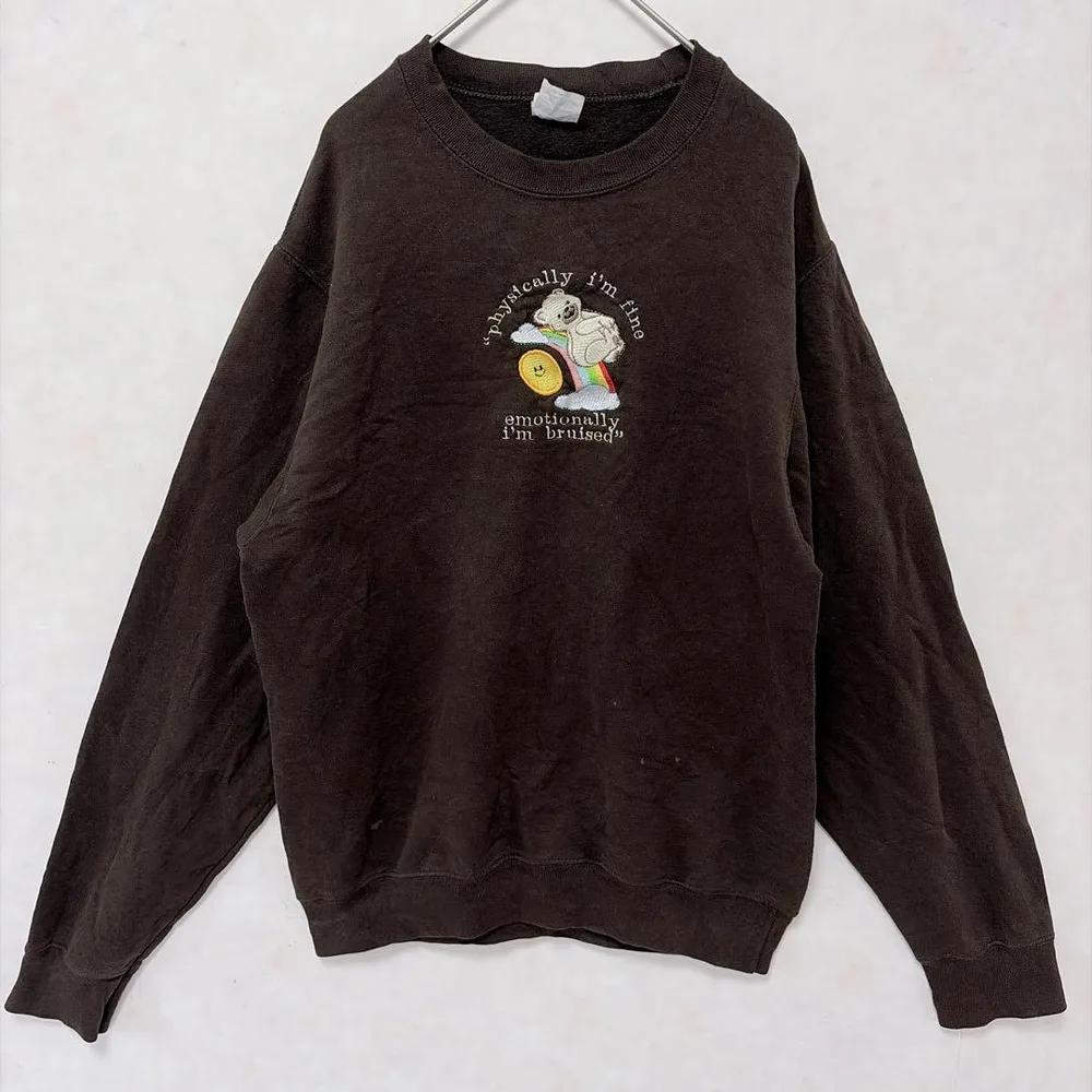 スウェット トレーナー 長袖 くま 刺繍 ブラウン 茶 S アメカジ ストリート